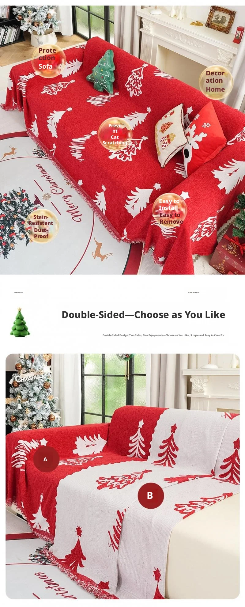 Weihnachts-Sofabezug-Decke, Festliche Wohnzimmer-Dekoration, Rote Beidseitige Wiederverwendbare Sofabezüge aus Stoff – Detail 4