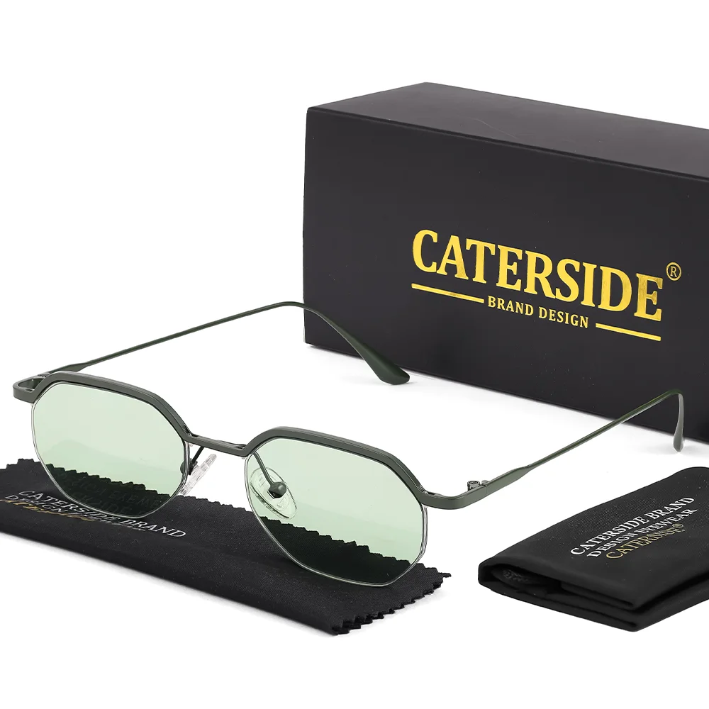 CATERSIDE Retro Polygon Sunglasses Men Metal Semi Rimless Sun Glasses Uv400 Women Outdoor Protection Driving Decorative Eyewear