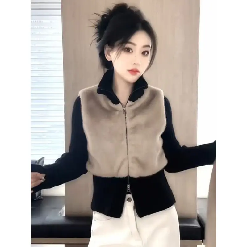 Womens Faux Fur Sleeveless Vest With Zipper Closure Casual Winter Outerwear Thick Warm Knit Top For Office And Daily Wear