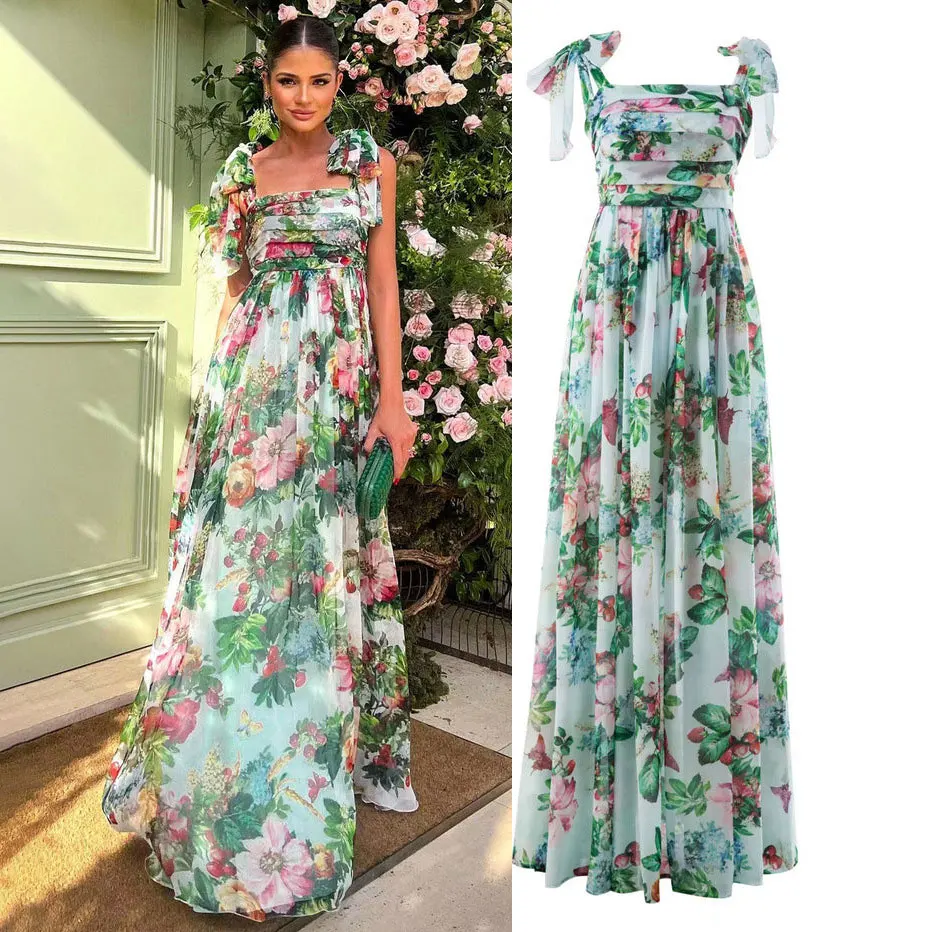 

Elegant Summer Dress Beach Dinner Dress Green Printed Evening Dinner Dress Floor-length Dress on the Catwalk