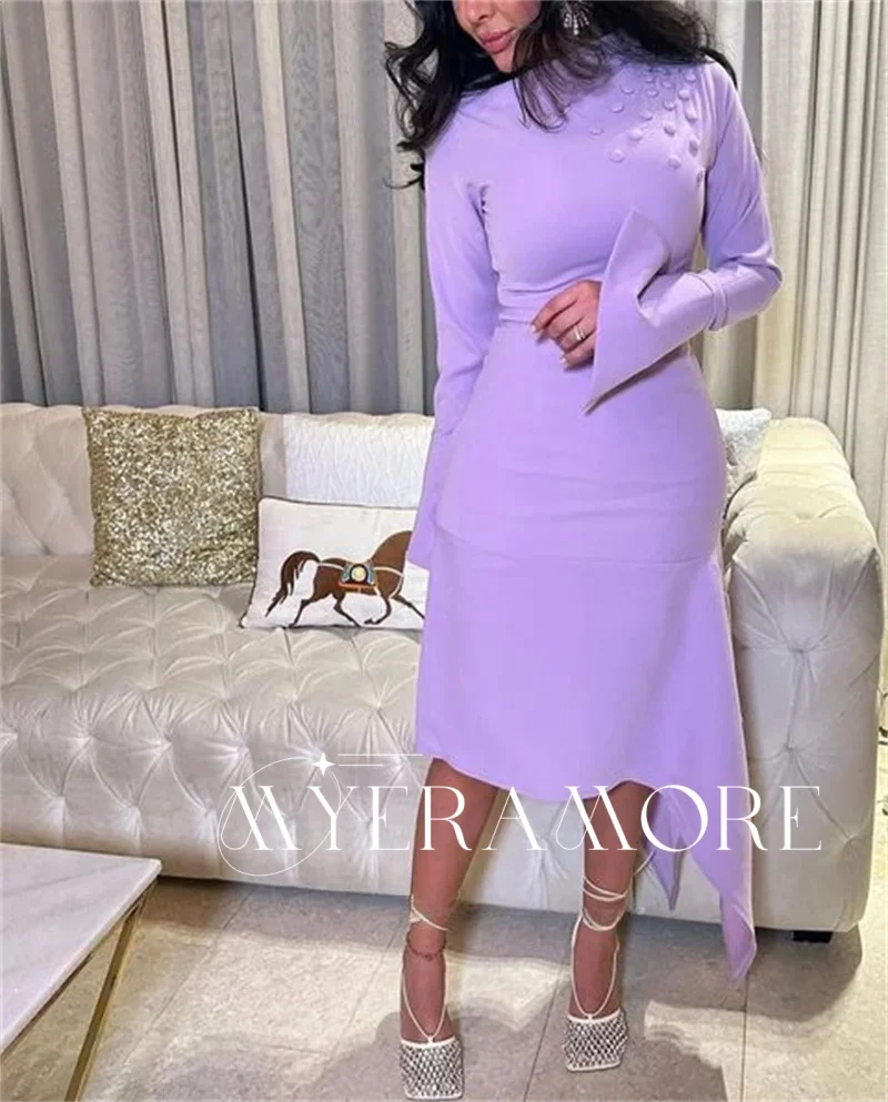 Fashion Satin Mermaid Evening Dresses Tea Length Long Sleeve O-Neck Prom Gowns Formal Occasion Customized فساتين سهرة