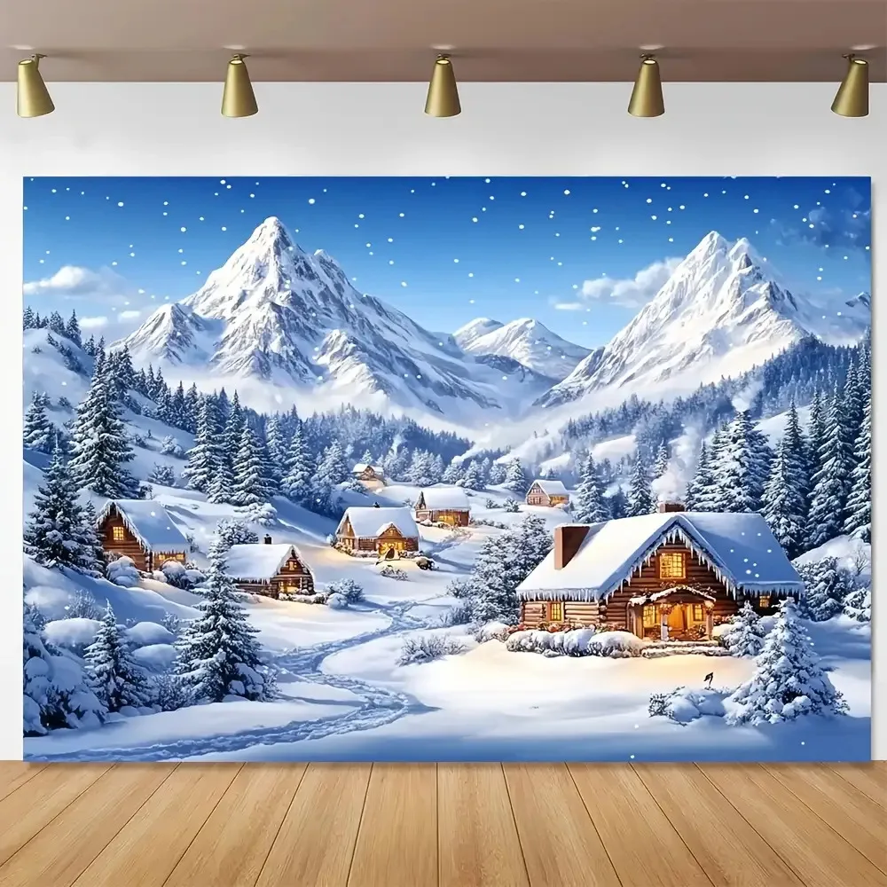 1 Stück Winterwunderland-Hintergrund – verschneite Wald- und Dorfszene, schneebedeckte Bäume, strapazierfähiges Polyester