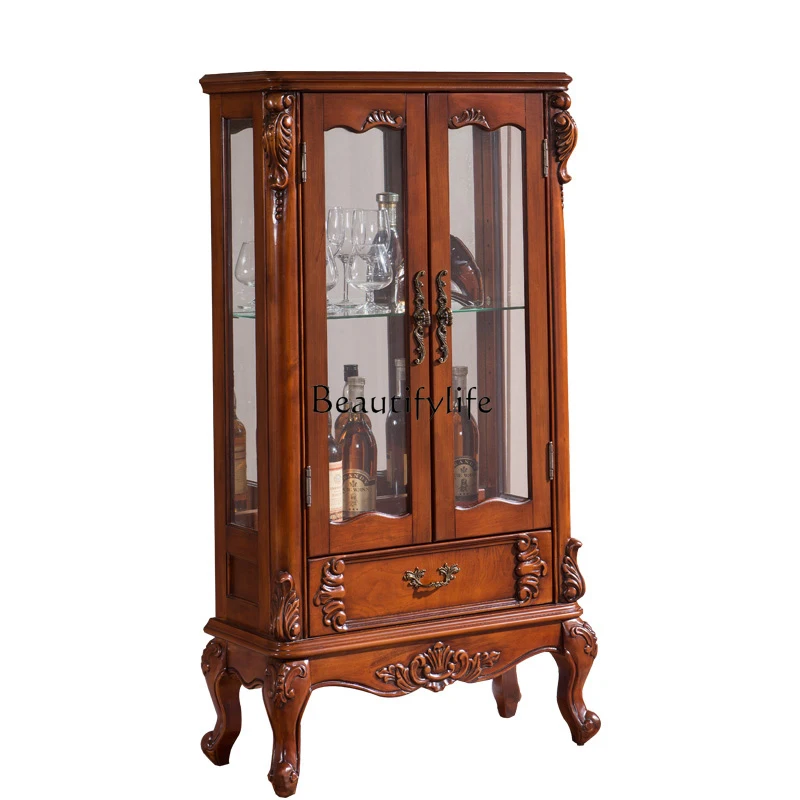

American solid wood European storage decoration living room storage display retro glass wine cabinet