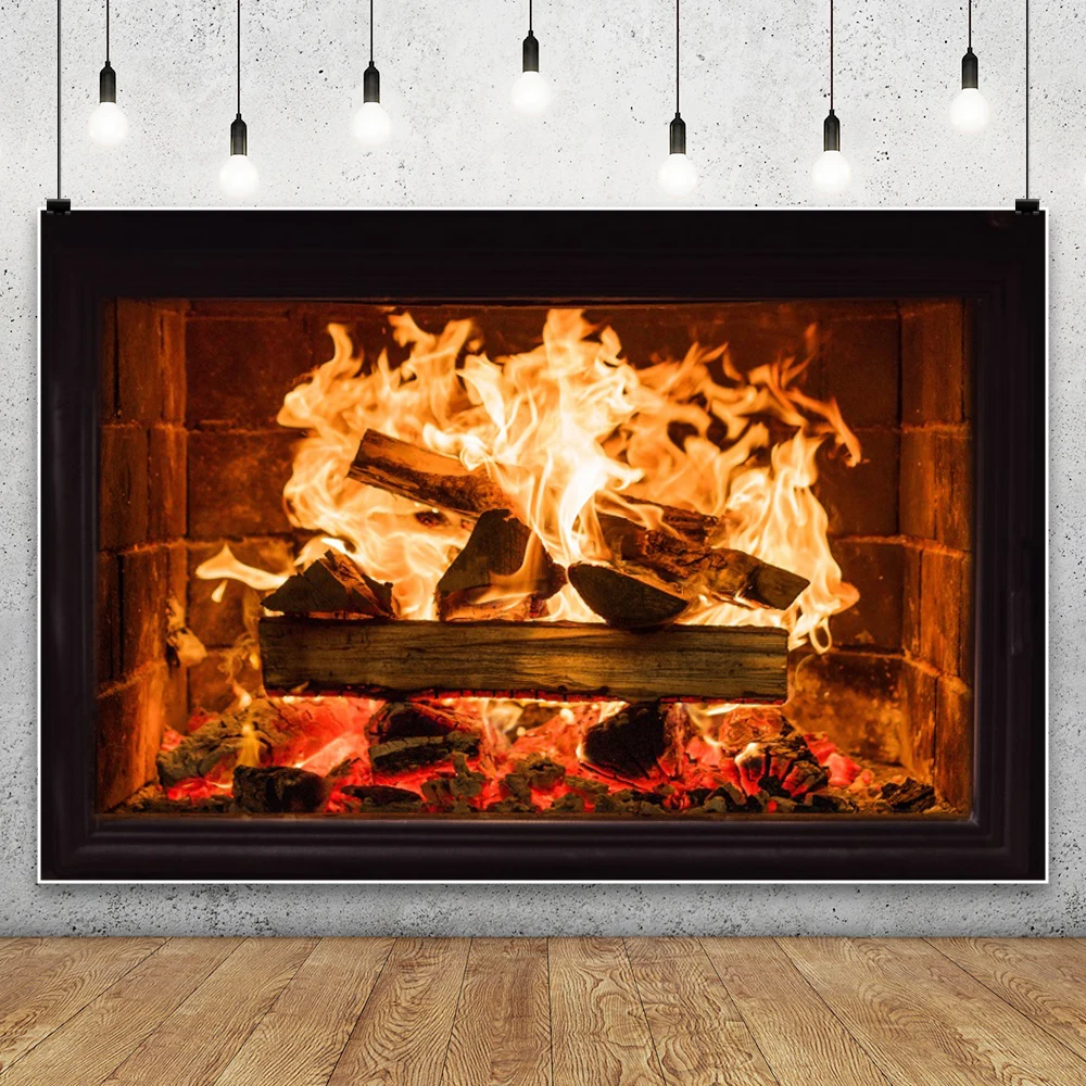 

Burning Fireplace Backdrop Firewood Logs Blazing Fire Flaming Woods Winter Christmas Fireplace Photography Background Photo Prop