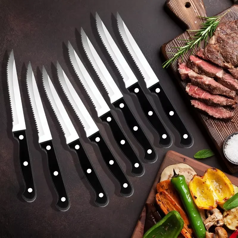 Juego de cuchillos para carne, juego de cubiertos, 1/4/6/8 Uds., cuchillos de cena dentados afilados de acero inoxidable, aptos para lavavajillas para carne y pan