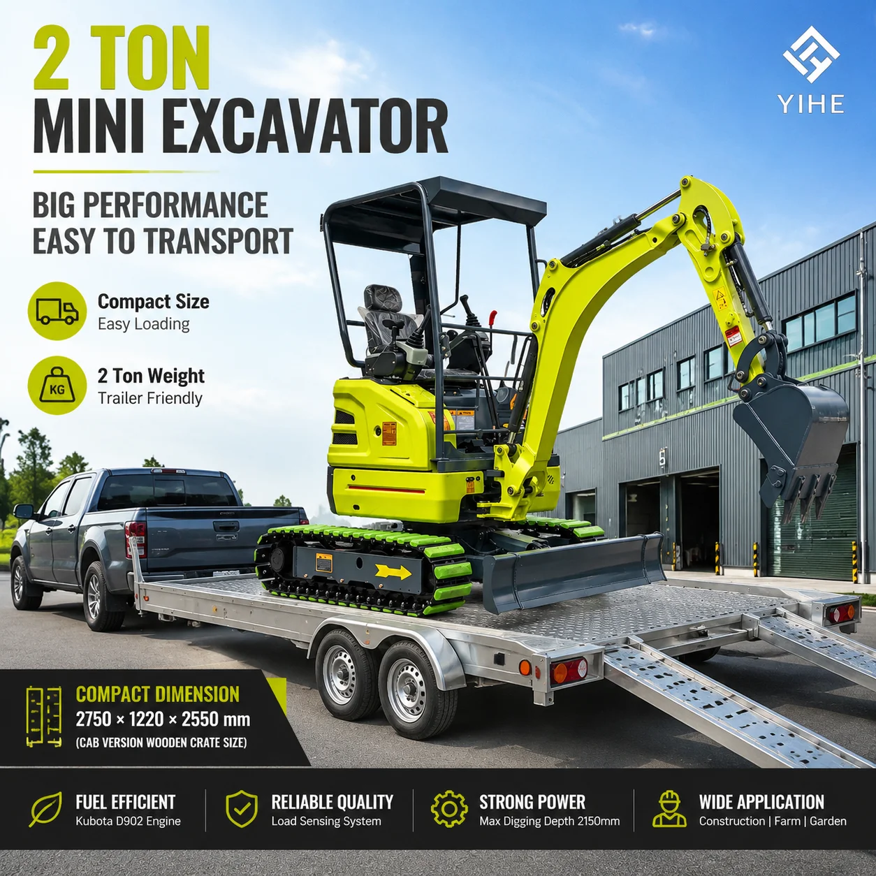 2 Ton Long Reach Mini Excavator Diesel Crawler Digger with Extended Boom Steel Track for Demolition Construction