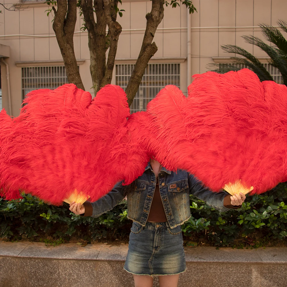 

Customized 13 Bones Red Ostrich Feathers Fan Party Wedding Celebration Belly Dance Show DIY Decorative Feathers Fan