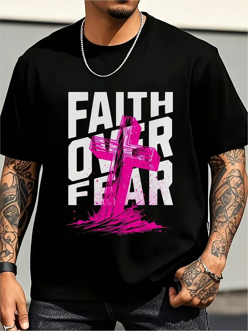Men's Faith Over Fear T-Shirt With Pink Cross Retro Religious Message Tee Comfortable Casual Crew Neck Short Sleeve Shirt