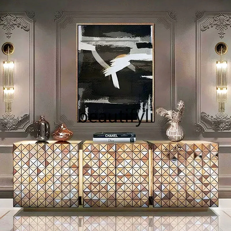 Light luxury solid wood dining side cabinet post-modern designer villa model room living room stainless steel entrance platform