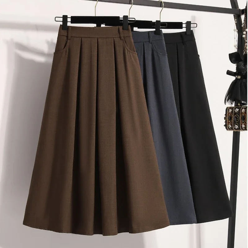 Solid Color Versatile Medium Length Skirt Pleated  A-Line Maxi Gown Cover Hip Spring Summer New 2026 Style Half-length Skirt
