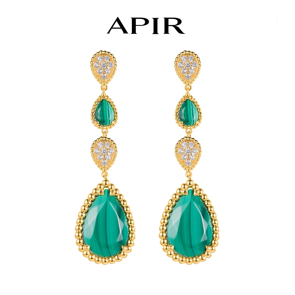 

APIR 18K Gold Plated Malachite Blue green Chalcedony Bohemian Water Drop Earrings for Woman Dance Party Wedding Long earrings