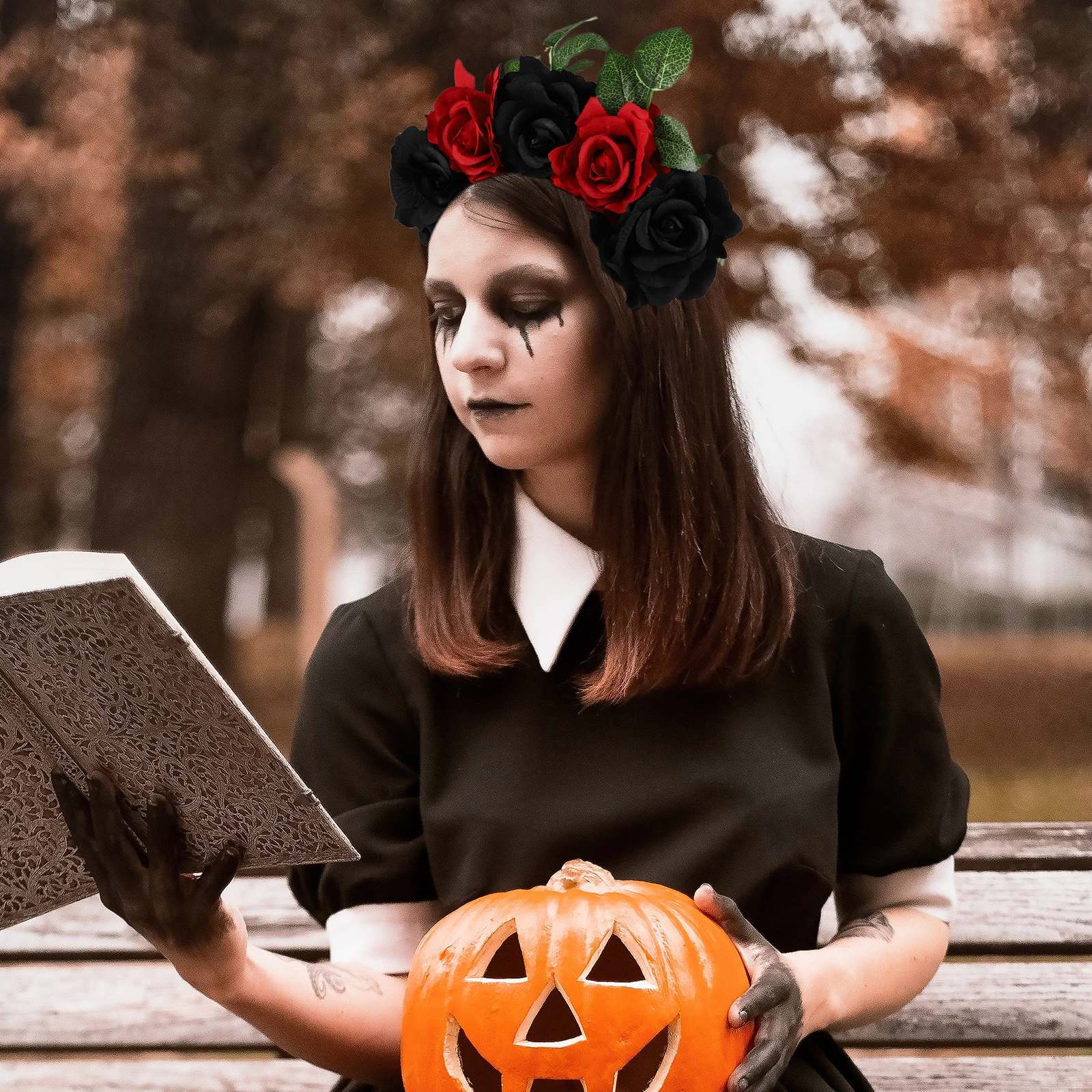 

Floral Halloween Flower Crown Hair Decor Rose Decoration Simulation Hoop Headband Party Black