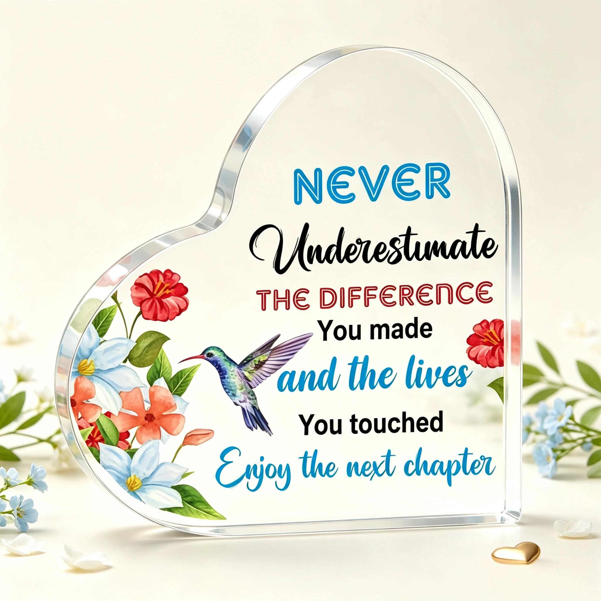 Never Underestimate The Difference You Made Hummingbird Heart‑Shaped Acrylic Plaque Retirement Desk Decor