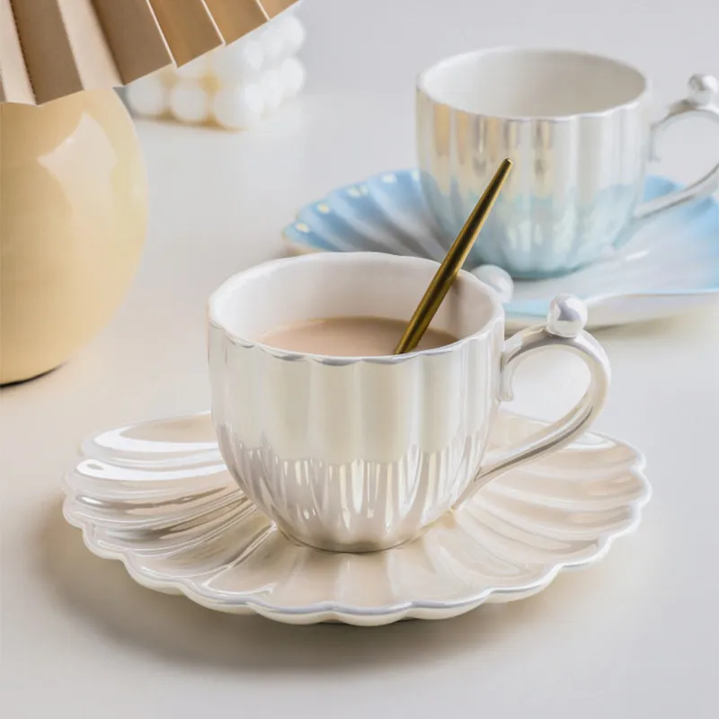Gradient Pearl Shell Ceramic Coffee Cup and Saucer Set, Exquisite Afternoon Tea Mug with Spoon, Home Gift