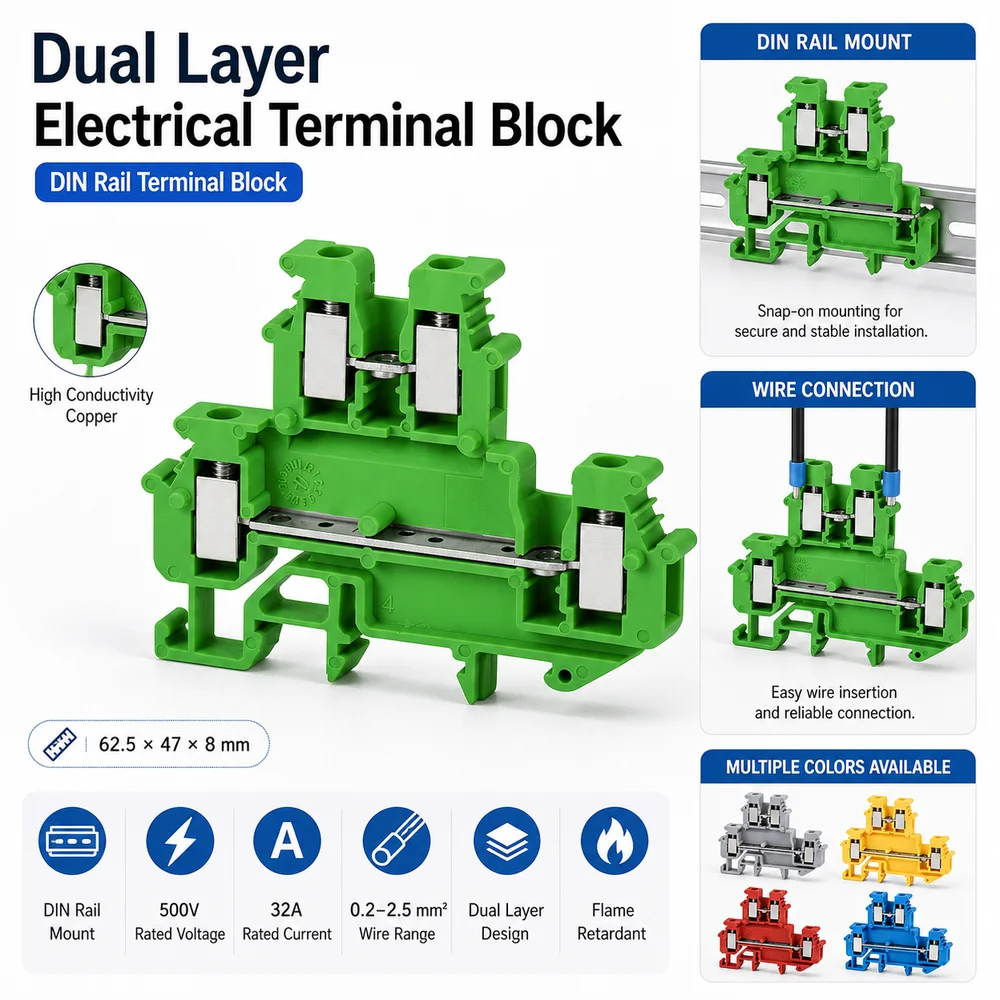 2.5mm Electrical Terminal Block Double Level Universal Wire Connector Din Rail Mount 4-Conductor Plug Wire Connector
