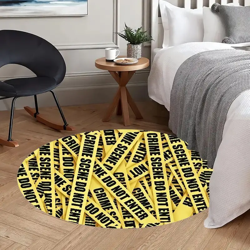 Crime Scene Tape Round Rug Yellow Black Warning Design Flannel Carpet for Game Room Bedroom Decorative Non Slip Washable Floor