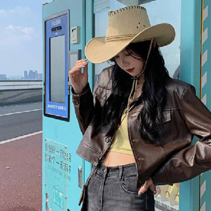 Jackets Women Cropped Slim PU Leather Vintage Spring BF Aesthetic Chic Temperament Cool Ulzzang Streetwear Young American Style