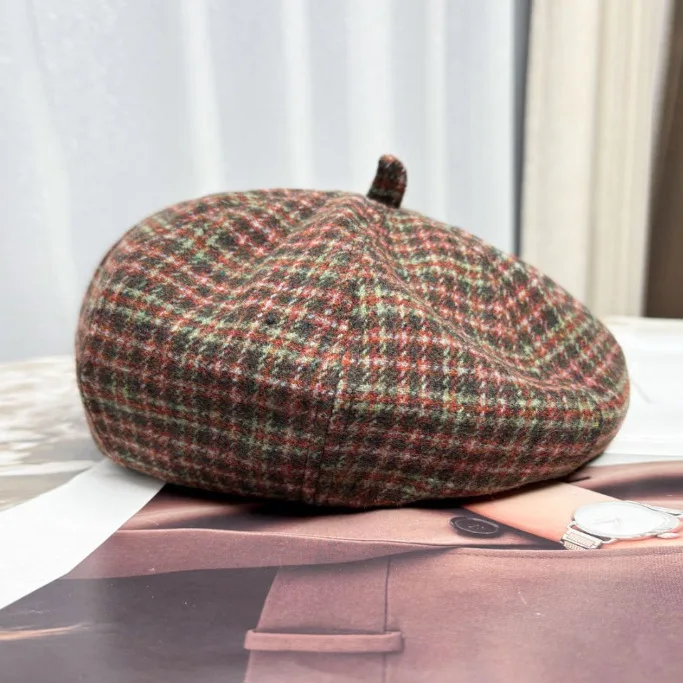 Spring Autumn Wool Blend berets Women's Checked Beret Hat Vintage Plaid art Painter Cap