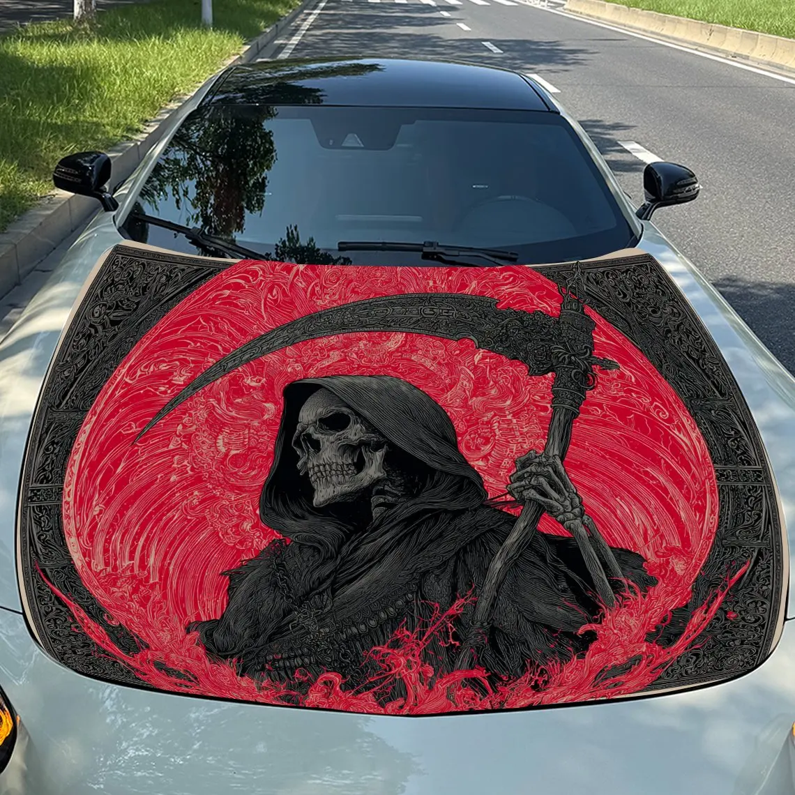

Crimson Reaper Car Vinyl Wrap, PVC Waterproof Car Hood Sticker, Self-Adhesive Scratch-Resistant Stickers for Engine Cover, Car D