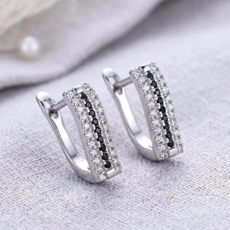 Black Awn Classic Silver Color Round Black Trendy Spinel Engagement Hoop Earrings for Women Jewelry Bijoux I308