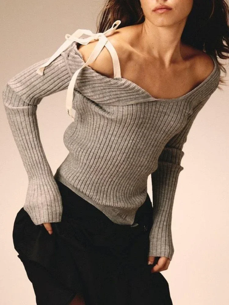 QWEEK Y2K Coquette Bandage Knitted Off Shoulder Pullovers Women American Retro Vintage Sexy Elegant Bow Slim Sweater Spring 2024