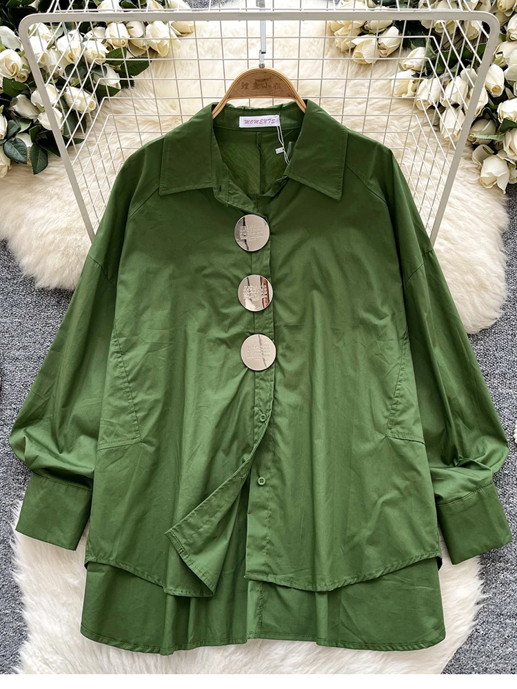 

Spring Autumn European Style Lapel Long Sleeved Shirt Women's Plus Size Metal Buckle Loose Fashionable Elegant Blouse Top C322