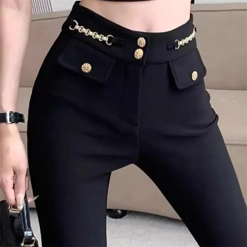 Fashion Bell Bottoms Pants Women's Spring Autumn New High Waist Handmade Buttons Slim Micro-Trousers Elastic Ladies Casual Pants
