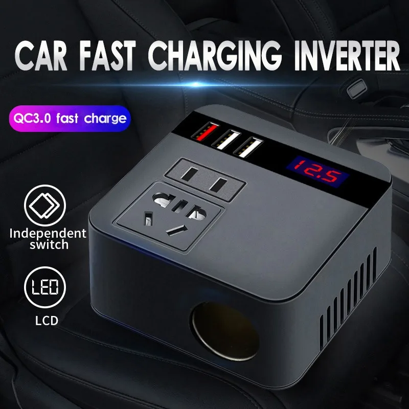 

Car Power Inverter - Multifunctional DC to AC converter with LED display and 3 fast charging USB ports