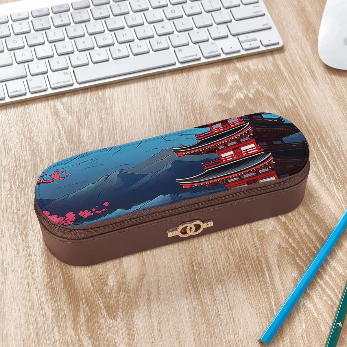 Japan Sakura Cherry Blossoms With A Red Rising Sun (6) Leather Pencil Cases Pen Holder Storage Stationery Supplies Pen Box