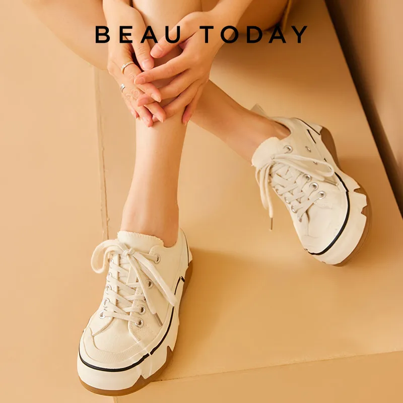 BeauToday Canvas Sneakers Women Round Toe Solid Color Lace-up Irregular Design Shallow Ladies Casual Shoes Handmade 29235