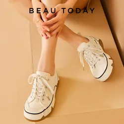 BeauToday Canvas Sneakers donna punta tonda tinta unita Lace-up Design irregolare scarpe Casual da donna poco profonde fatte a mano 29235