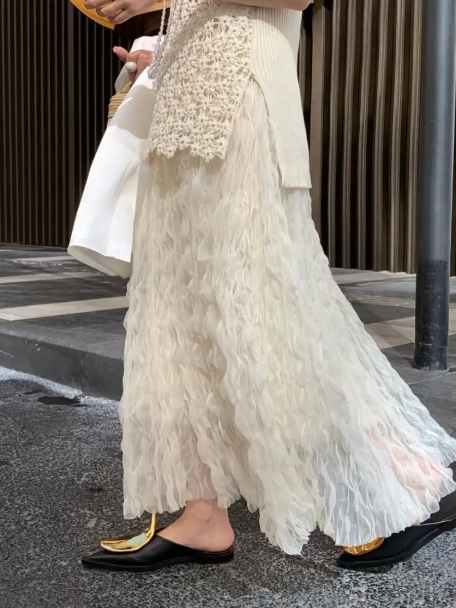 

2025women wave pleated skirt summer women's high waist fashion loose wave Elegant Chic Solid Pleated Skirt