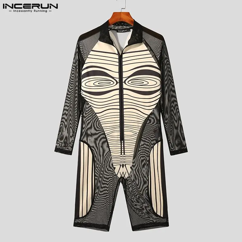 INCERUN 2023 Sexy Homewear New Mens Jumpsuit Abstract Printed See-through Mesh Stitching Long Sleeved Flat Angle Bodysuits S-5XL