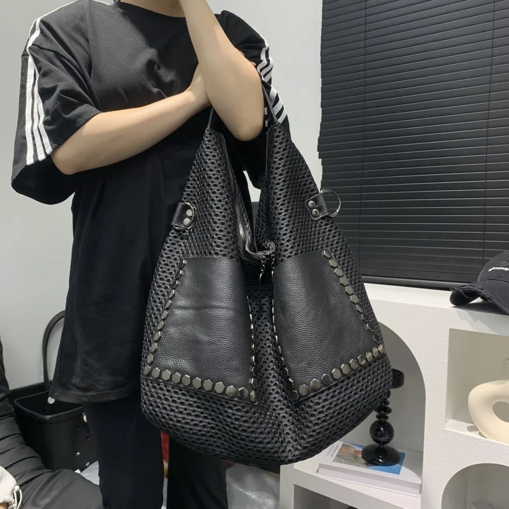 Women\'s Large Capacity Shoulder Bag Fashionable Mesh Splicing Genuine Leather Crossbody Bag