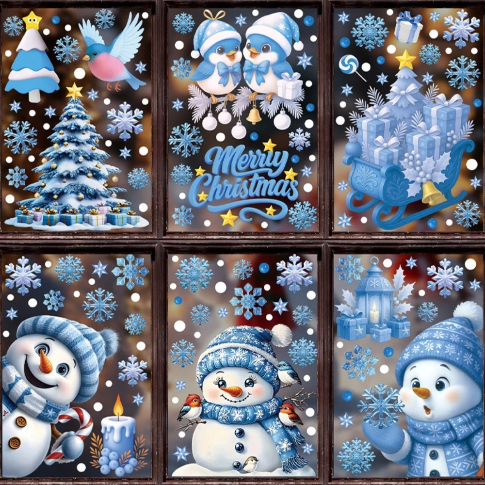 Christmas Window Stickers Winter Snowman Santa Claus Snowflake Reindeer Static Electricity Stickers Ornaments Xmas Home Decor