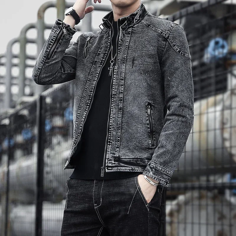 Men\'s Denim Jacket Korean Fashion Light Blue Printed Casual Shirts Denim Black Denim Coats Men Clothing Winter Jacket Men 4XL