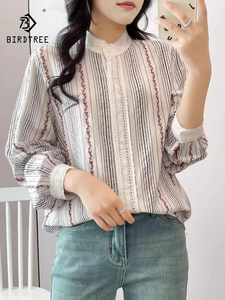 

New 2025 Autumn Cotton Long Sleeve Shirt, Women O Neck Striped Lace Patchwork, Mori Girl French OL Retro Loose Blouse T57683CC