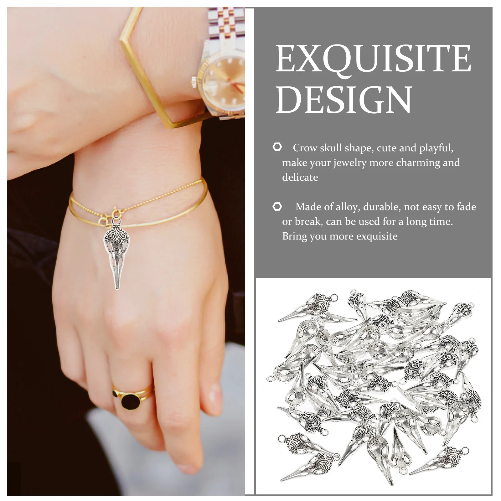 

100Pcs Skull Jewelry Pendant Alloy Raven Charms for Necklace Earrings DIY Craft Gothic Punk Style Halloween Decorative Accessory