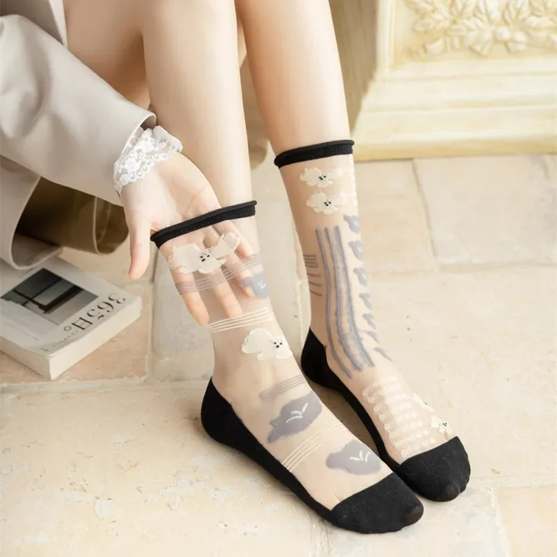 2024 New Fashion Woman Socks Summer Ultra-thin Transparent Crystal Silk Socks Harajuku Floral Retro Japanese Kawaii Cute Socks