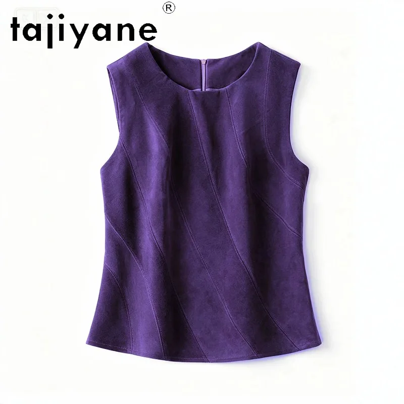 TAJIYANE Genuine Leather Jacket Women Suede Sheepskin Sleeveless Leather Slim Fit Waistcoat Round Neck Streetwear Veste Femme