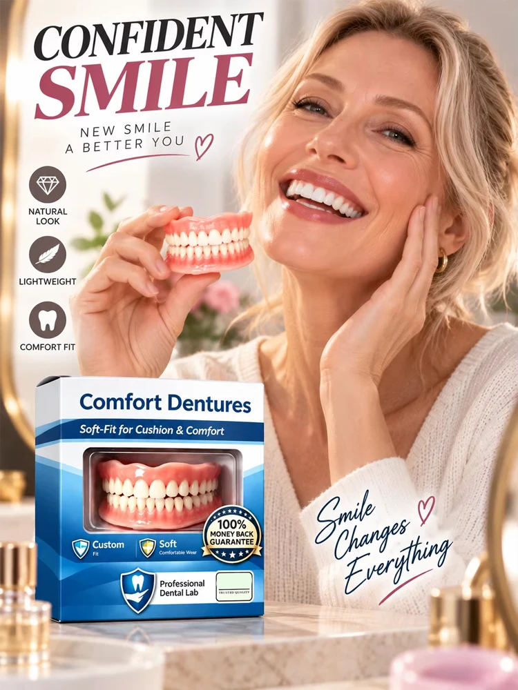 Dentures False Teeth Full Set Real Looking Adjustable Denture Soft Comfort Fit Silicone for Men Women Eating Natural