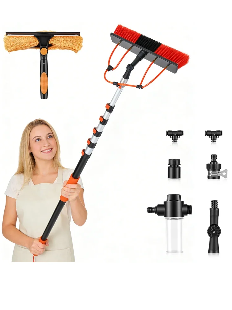 Flexibles Solarpanel-Reinigungsbürsten-Set mit 7,2 m ausziehbarer Metall-Teleskopstange, Seifenwasserzufuhr, für Wohnmobil-Dachfensterreinigung