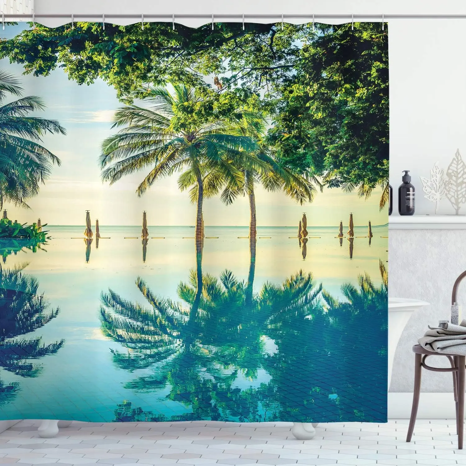 Landscape Shower Curtain, A Pool with Palm Trees on The Surface Region and Hot Spot Climate on Earth Nature Scenery Theme,Fabric