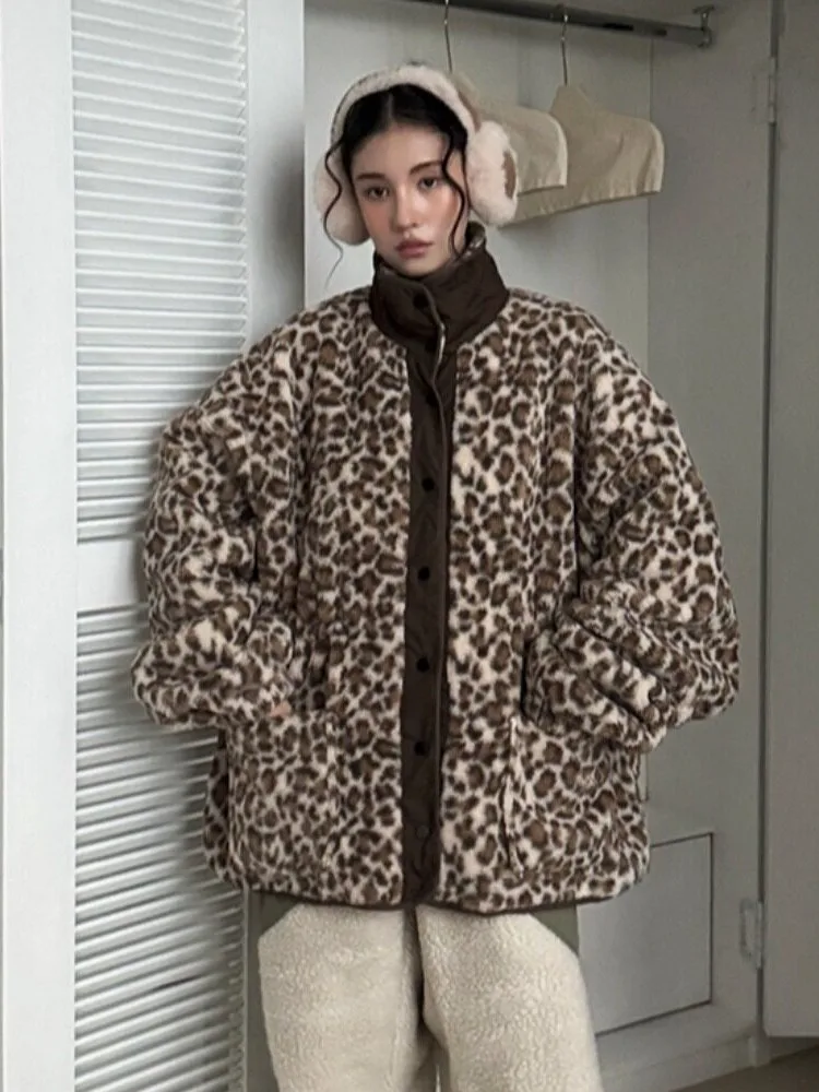 Chic Korean Style Leopard Print Plush Jacket with Drawstring Collar Single Button Spring Autumn Winter Women's Fashion Outerwear