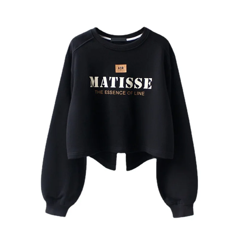 American high street irregular split sweatshirt ins trend letter balloon sleeves languid round neck long sleeve short top woman