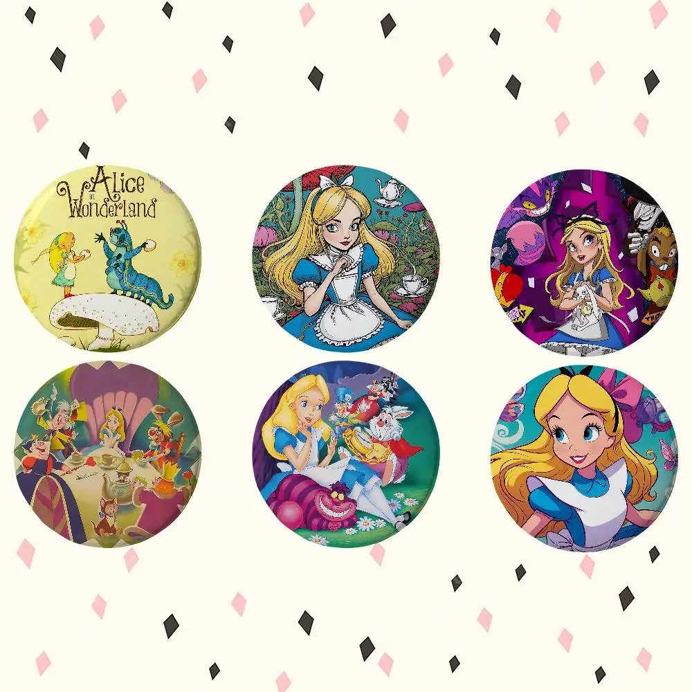 Cartoon A-Alice In W-Wonderland Anime Round Laser Badge Cartoon Brooch Clothes Backpack Accessories Lapel