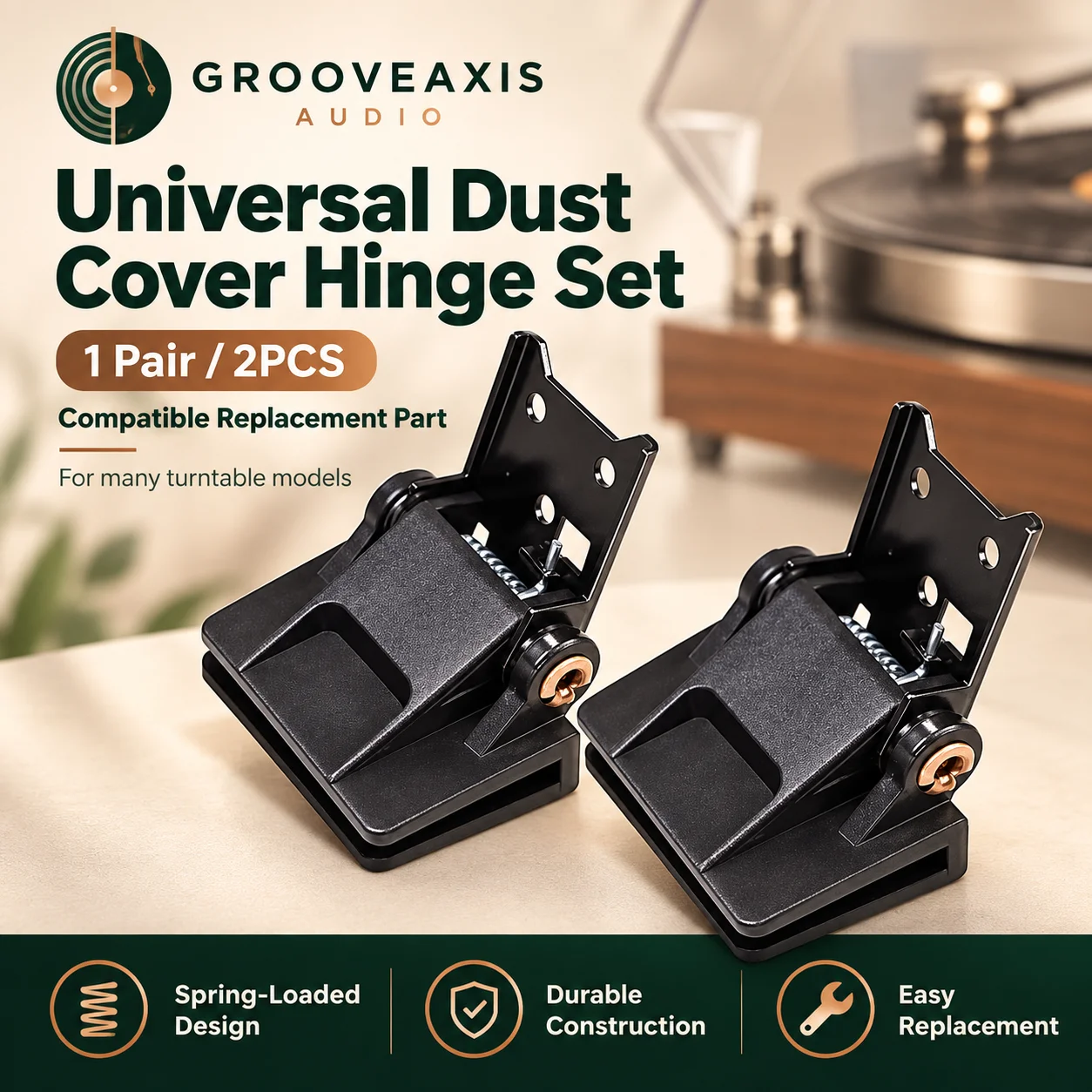Replacement Turntable Lid Hinges GROOVEAXIS Universal Spring Loaded Dust Cover Hinges Pair for Vinyl LP Record Player Hardware