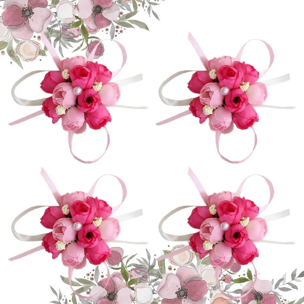 4Pcs Wedding Artificial Wrist Flower Brooch Red Silk Flowers Bridal Bracelet Party Dance Floral Ornament Wrist Flower