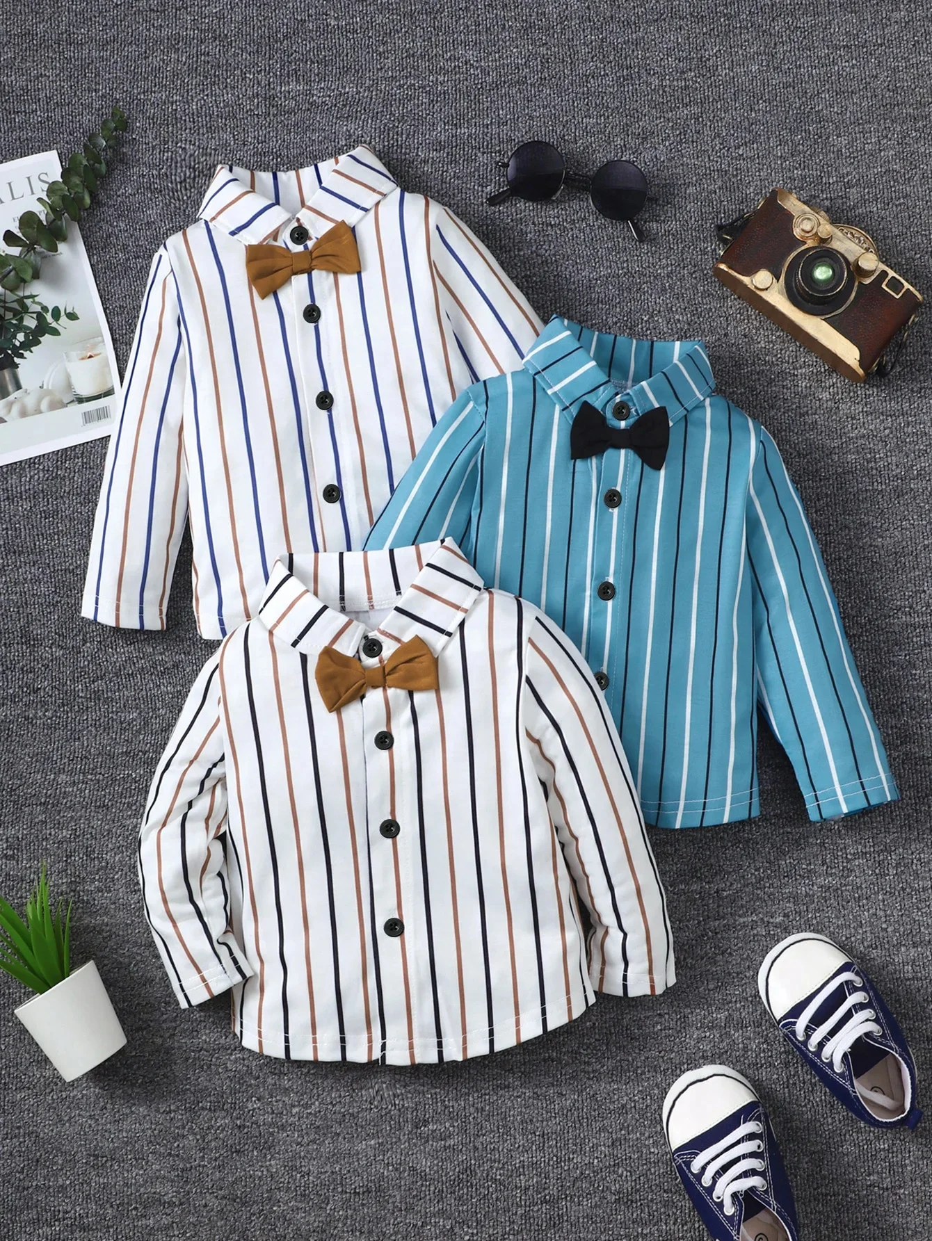 

Summer 1-3 Years Old Cool Boys Striped Shirt Casual 3-Piece Set , Suitable For Daily Leisure