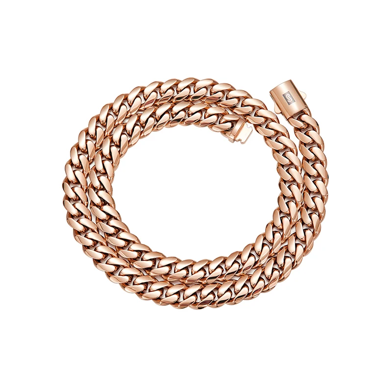 6-14mm PVD Plated Rose Gold Color Stainless Steel Cuban Miami Link Chains Necklaces for Men Hip Hop Rapper Jewelry